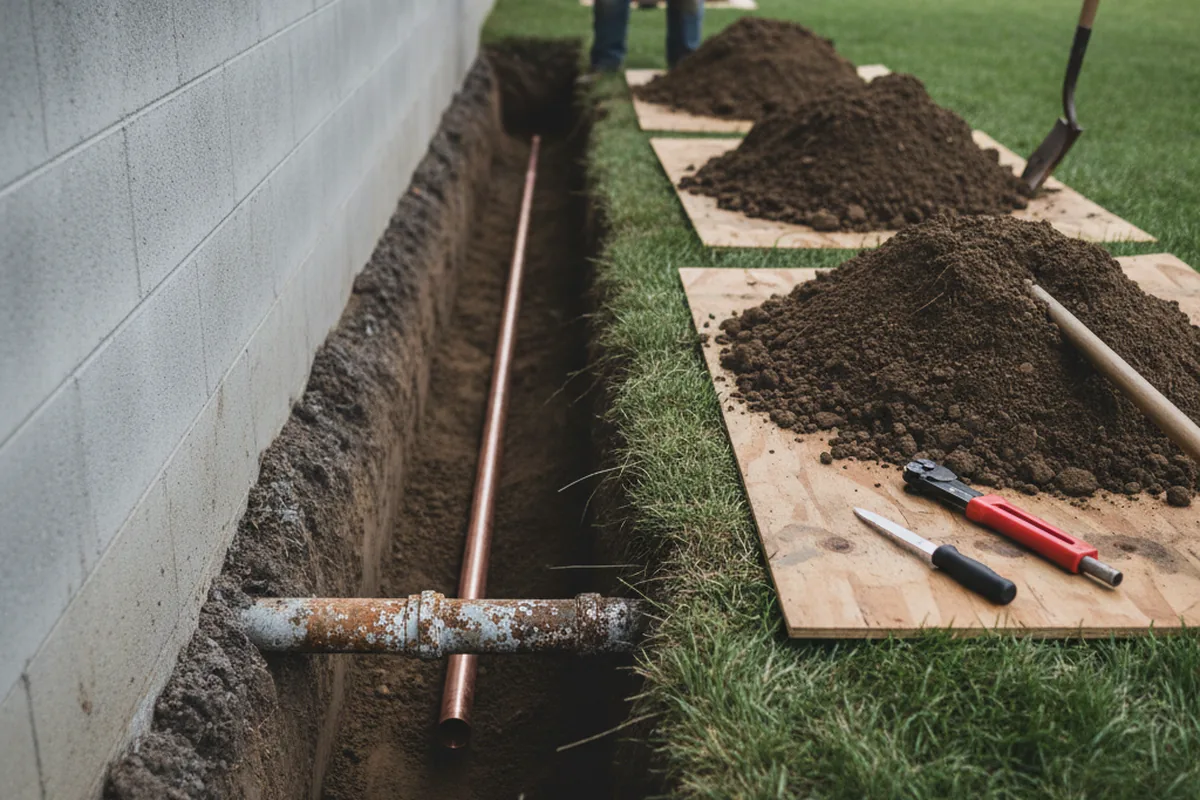 Excavated water line trench during Sewer Line Repair in Lake Park